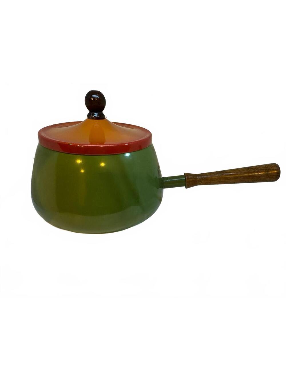 Vintage 1970s Avocado Green Fondue Pot Orange Lid